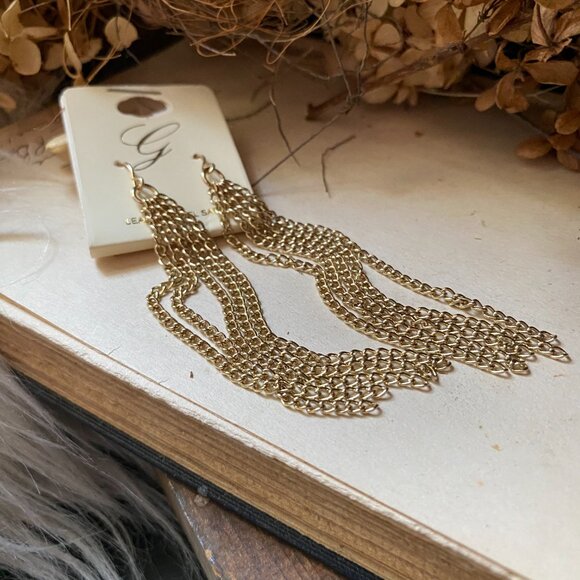 Brand New Chain Fringe Long Gold Tone Earrings - Picture 1 of 5